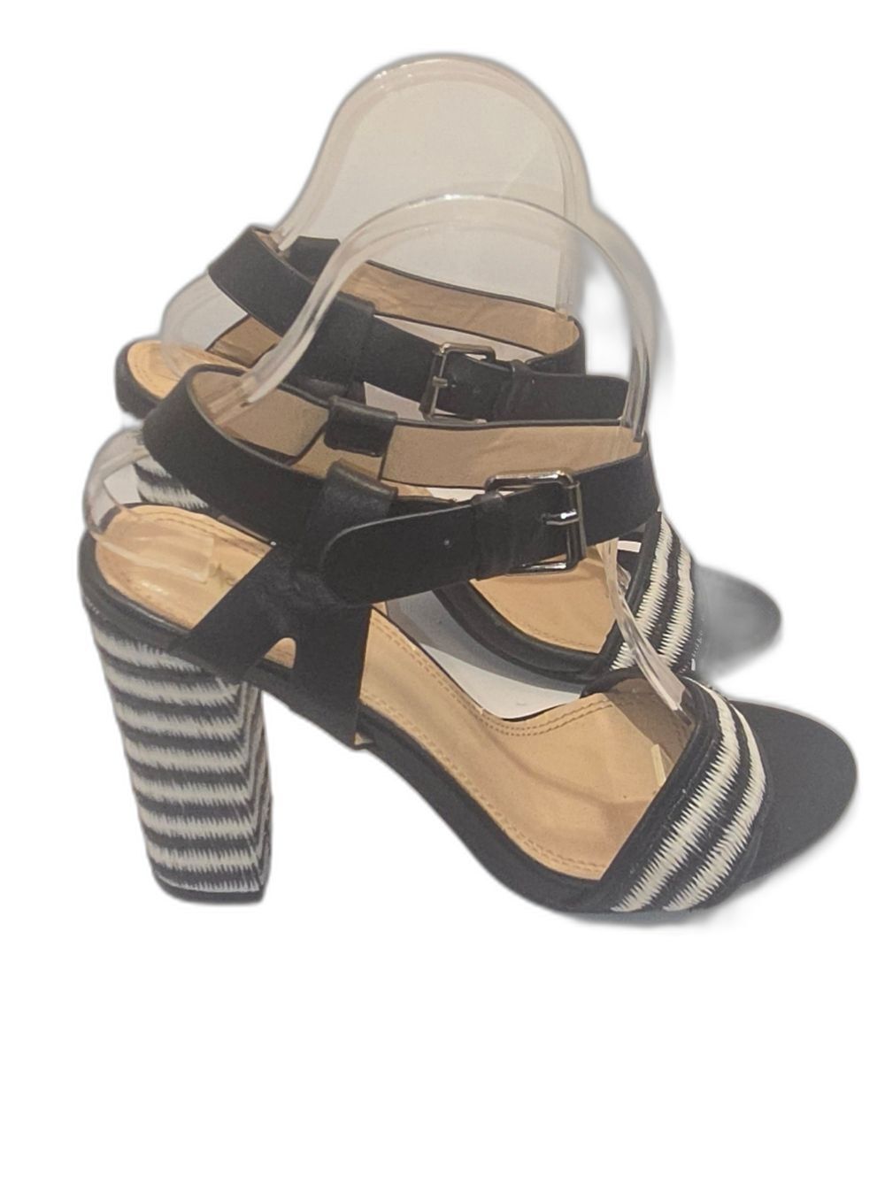 MODERN RUSH Black/White Striped Block Heel Ankle Strap Heels Size 8